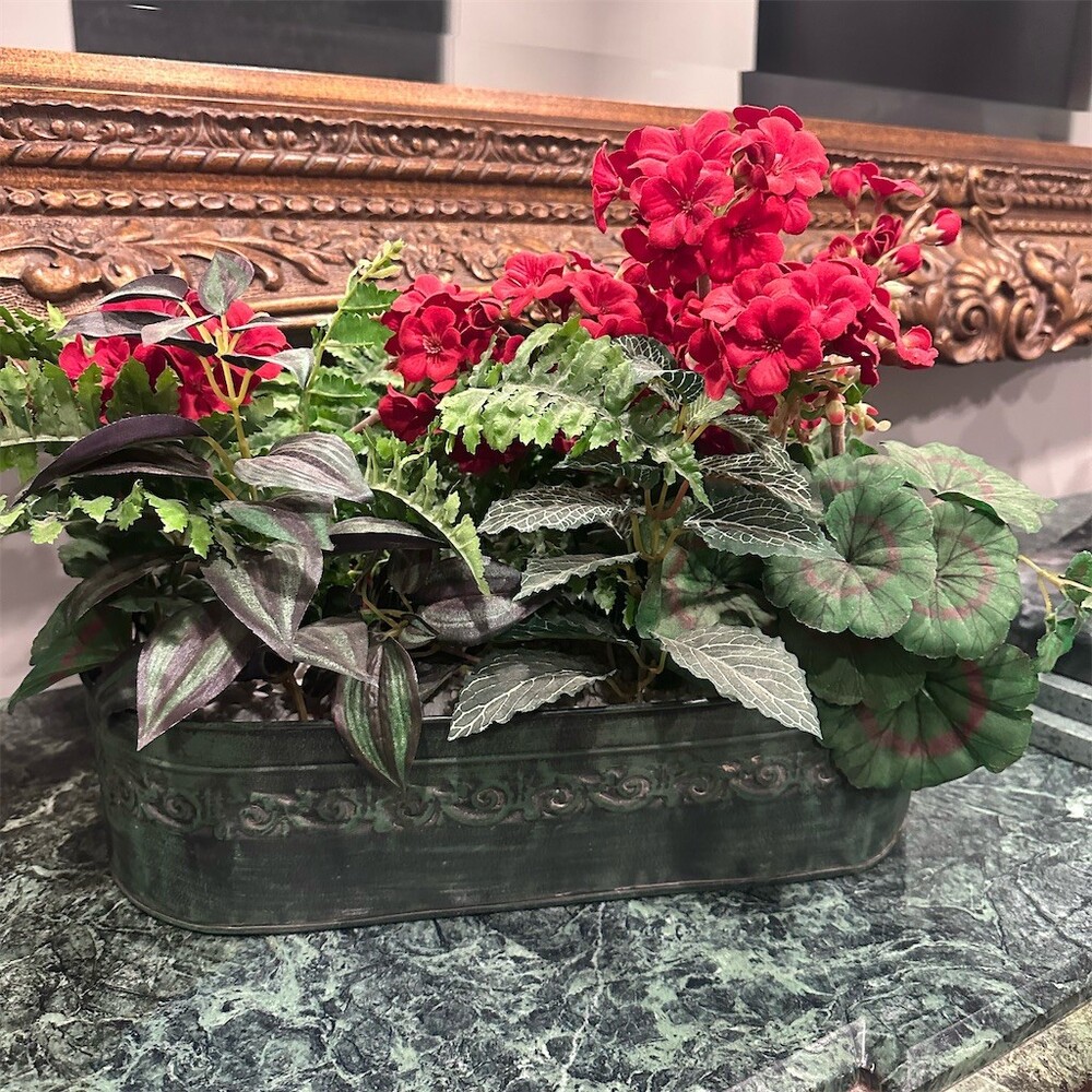 Artificial Red Begonia Arrangement in Green Metal Planter Box